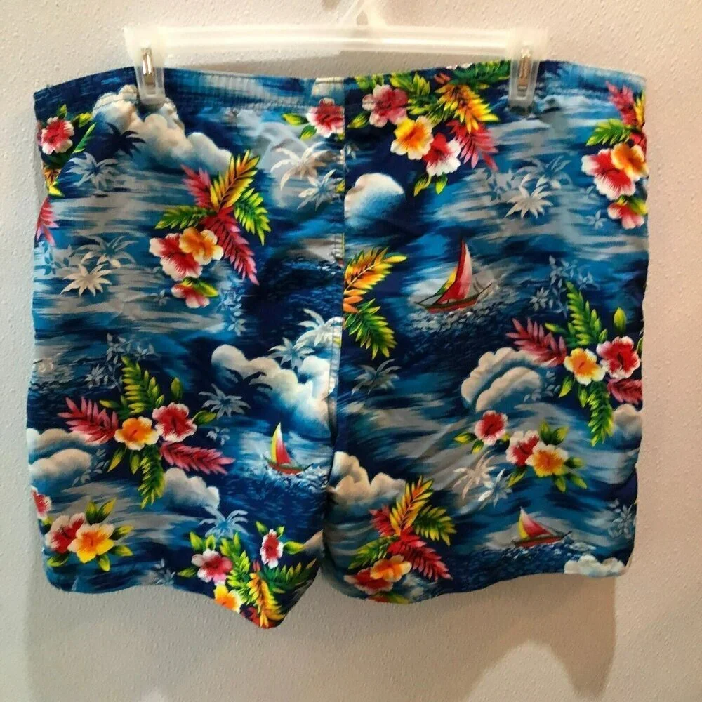 VTG Polo Sport Ralph Lauren Mens Large Blue Hawaiian Floral Shorts Swim Trunks L